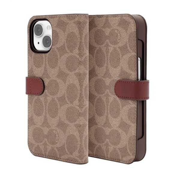 COACH Tan Khaki Signature Logo iPhone 14 PRO MAX Magnetic Wallet Folio Case - Picture 4 of 13